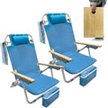 2 Pack Low Backpack Beach Chair with Folding Bamboo Table for Adults 5-Position Lay Flat Reclining Chair Lightweight with Cooler Bag Supports 265 lbs