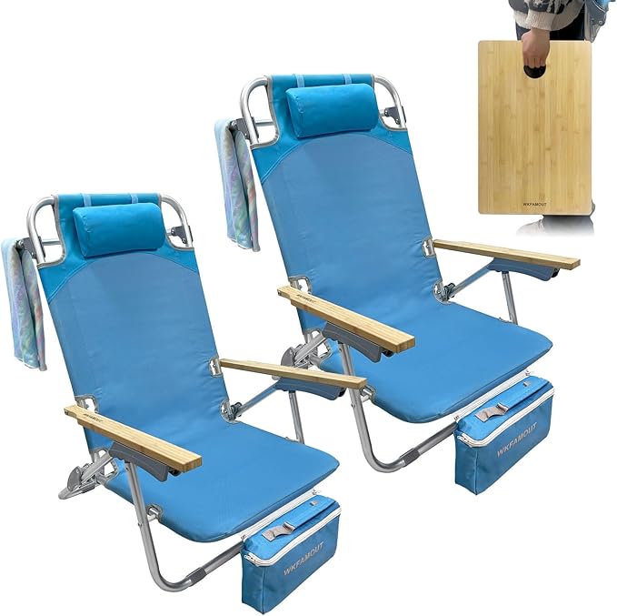 2 Pack Low Backpack Beach Chair with Folding Bamboo Table for Adults 5-Position Lay Flat Reclining Chair Lightweight with Cooler Bag Supports 265 lbs