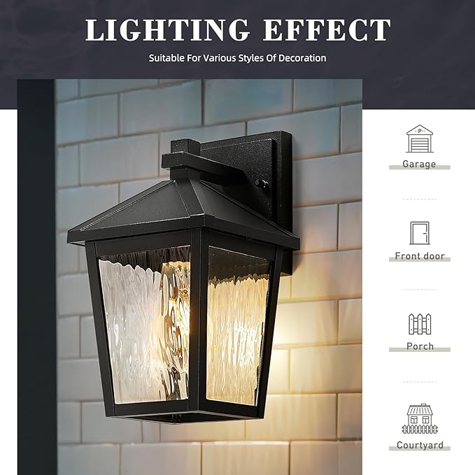 zeyu 2-Pack Outdoor Porch Light Fixtures Exterior Wall Lights for House Die-Cast Aluminum with Water Ripple Glass Black Finish 20076BS-2PK BK-WP