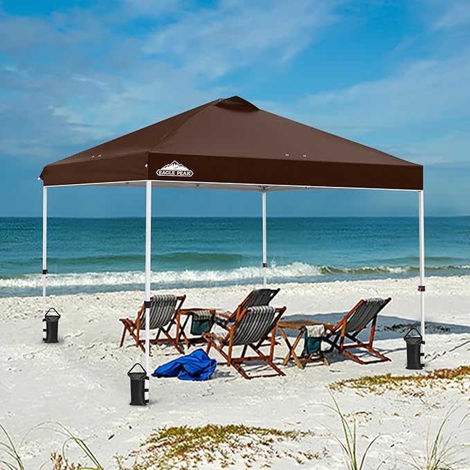 EAGLE PEAK Pop Up Canopy Tent with Wheeled Carry Bag 8 Stakes 4 Ropes 4 Weight Bags Easy Set Up Tent Canopy 10x10 ft 100sqft of Shade Brown