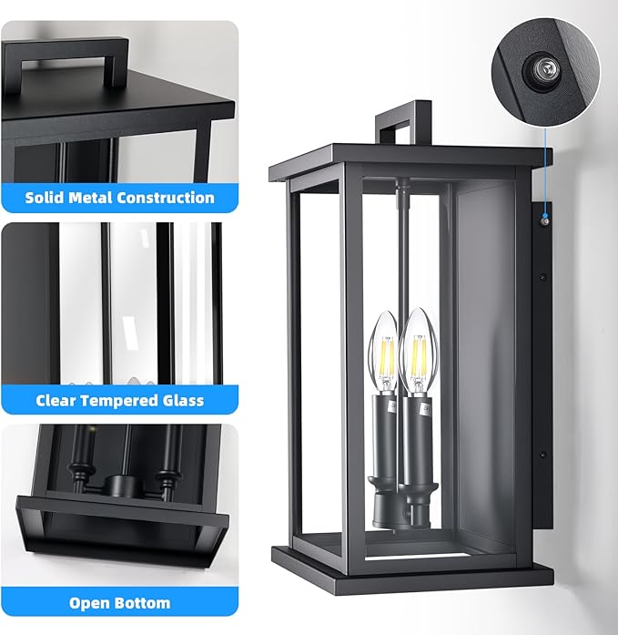 Dusk to Dawn Modern Outdoor Wall LightsMedium Modern Outdoor Lanterns for PatioFront DoorGarageWaterproof Porch Light FixtureBlack Exterior Wall Sconce Light Fixtures E12 Base1 Pack