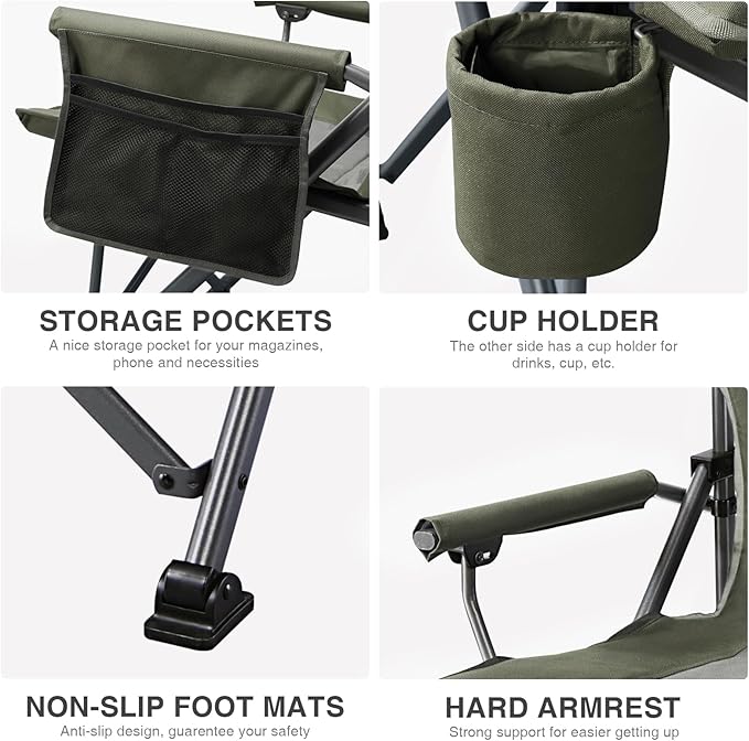 EVER ADVANCED Oversized Folding Camping Chair for Adults Heavy Duty Lawn Chair with Side Pockets Portable Collapsible Quad Chair for Outside Support Up to 500lbs Green