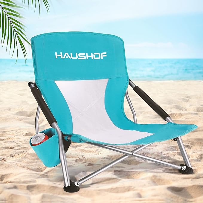 HAUSHOF Low Beach Chair Mesh Back Folding Chair Lightweight Low Seat Camping Chairs with Cup Holder Carry Bag Padded Armrest for Outdoor Beach Lawn Camping Picnic Festival