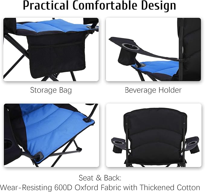 Oversized Camping Chair Folding Heavy Duty Quad Outdoor Large Lawn Chairs Portable Support 400 lbs Padded Thicken Oxford with Armrests Storage Bag Cup Holder Carry Bag for Outside(Blue)
