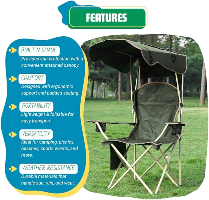EZONE Folding Canopy Camp Chair for Outdoors Shade Canopy Portable Chair Camping Tailgates Beach Pool Lawn Chair Sunshade Travel Chair Folding Camping Chair (Upgraded - Olive Green)