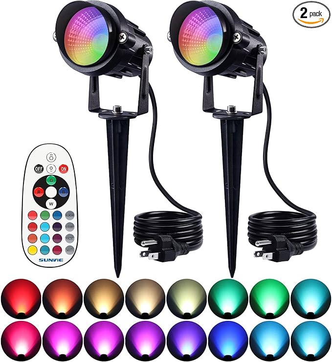 SUNVIE RGB Spot Lights Outdoor 12W LED Color Changing Landscape Lights with Remote Control 120V RGBW Landscape Lighting Waterproof Outdoor Spotlight for Yard Garden Patio Lawn Decorative 2 Pack