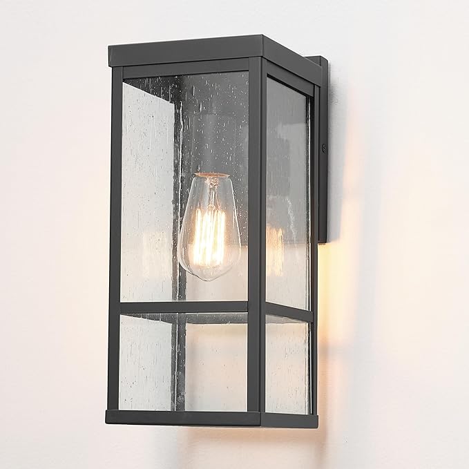 GLOBE Electric 44802 1-Light Outdoor Wall Sconce Matte Black Seeded Glass Shade Weather Resistant Exterior Wall Light Front or Back Porch Lights Patio Lighting Indoor Compatible