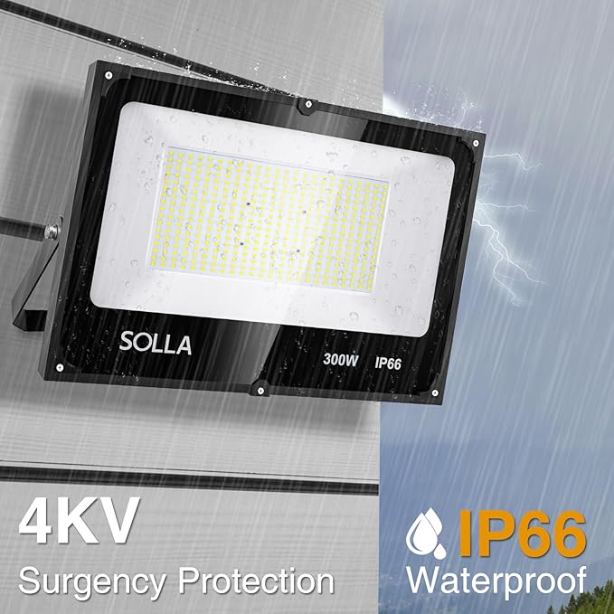 SOLLA 300W LED Stadium Flood Light with Dusk to Dawn Photocell Extreme Bright 6000K 30000LM 110-265V IP66 Waterproof Perfect Arena Light for Garden Rooftop Backyards Streets