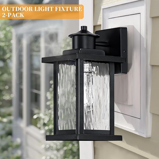 12'' Outdoor Light Fixture 2 Packs Outdoor Wall Lights Exterior Wall Sconce with Water Ripple Glass Waterproof Porch Light Lantern Wall Mounted Modern Black Outside Lights for House Patio Garage