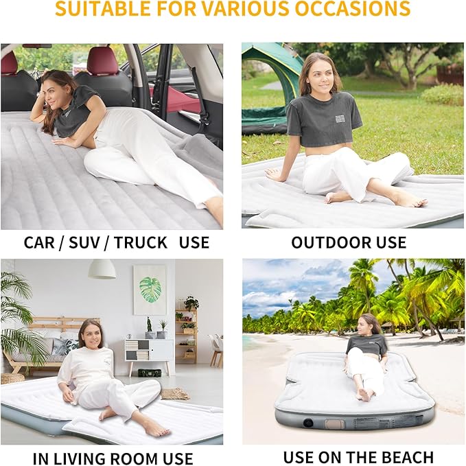 KMZ Portable SUV Air Mattress - Built-in Electric Pump for Fast Inflation - Soft Flocked Surface Car Bed - Ideal for Road Trips &amp Outdoor Camping - Grey