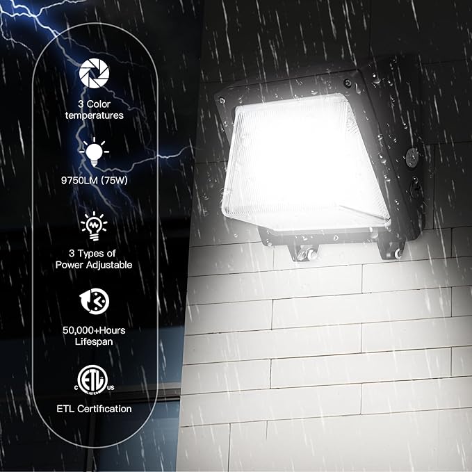 JTT LED Wall Pack Lights Outdoor with Dusk to Dawn Photocell Selectable 75W/60W/45W 9750LM/7800LM/5850LM 6000K/5000K/4000KWaterproof Flood Security Wall Pack Lighting for Garage Yard Parking Lot