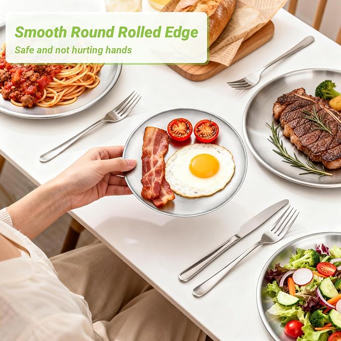 8 Stainless Steel Plates 7.8 inch Small 201 Metal Camping Plate Reusable Food Serving Dish Snack Eating Dishes Round Shatterproof Brushed Finish Silver Dish for Dinner Oven Dishwasher Safe