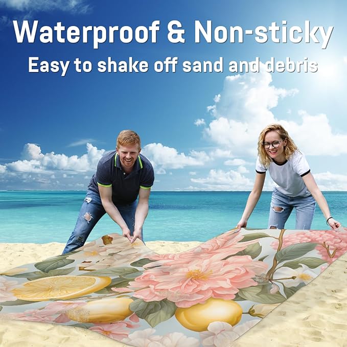 Waterproof Sandproof Beach Blanket 59''×68'' Fruit &amp Flower Polyester Outdoor Picnic Blanket with 4 Stakes &amp Storage Bag for BeachCampingVacation Pink