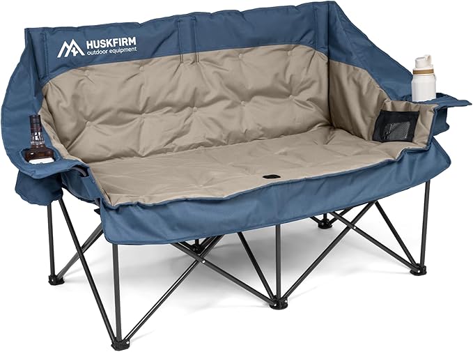Double Camping Chair Oversized Padded Camping Chairs for Adults Folding Loveseat with Cup Holders and Side Pockets Heavy Duty Outdoor Lawn Chairs for CampingSports FishingBeachBlue