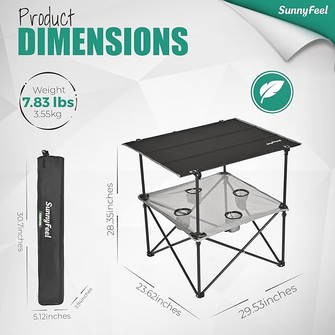 SUNNYFEEL Folding Camping Table- Collapsible Portable Beach Table with 4 Cup Holders &amp Carry Bags Tailgate Table for Outdoor Excursion Picnic Hiking Fishing Travel Parties Black