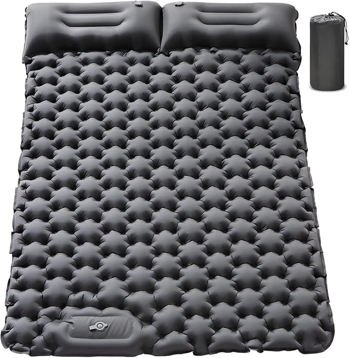 Double Sleeping Pad Camping Self Inflating 4'' Extra-Thick 2 Person Pillow Built-in Foot Pump Waterproof Inflatable Sleeping Mat Backpacking Tent Hiking Portable Camping Pad (Grey-Full)