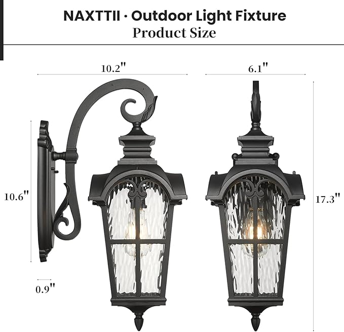Outdoor Wall Sconce Lights Black Anti-Rust Wall Mount Light with Water Ripple Glass Aluminum Exterior Lights for Garager Doorway and Patio E26 Socket and Waterproof