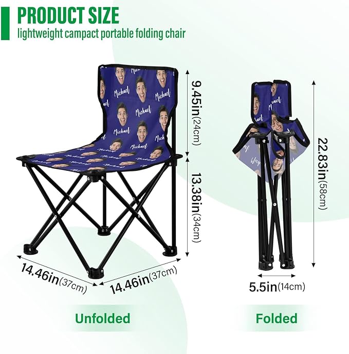 Sinestour Midnightblue Custom Photo Folding Camping Chair for Teen Child Personalized Name 14.6×14.6in Portable Outdoor Chair with Carry Bag for Travel Barbeques Picnic