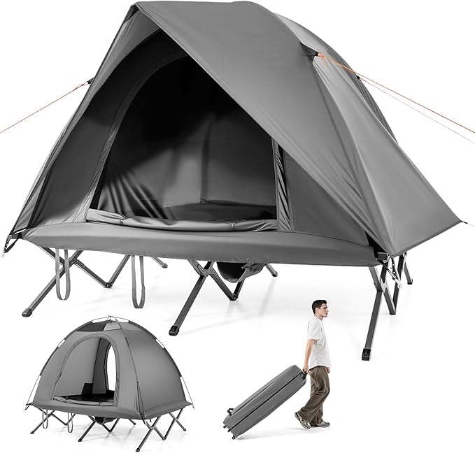 GYMAX 2-Person Tent Cot 3 in 1 Folding Off-Ground Cot Bed Combo with Portable Wheeled Bag Waterproof Rainfly 2 Mesh Doors &amp Skylight Roof for Hiking Backpacking Outdoor