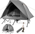 GYMAX 2-Person Tent Cot 3 in 1 Folding Off-Ground Cot Bed Combo with Portable Wheeled Bag Waterproof Rainfly 2 Mesh Doors &amp Skylight Roof for Hiking Backpacking Outdoor