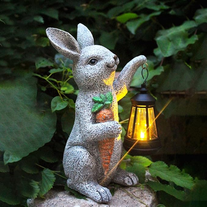 Garden Statues Rabbit Solar Lantern Outdoor Handmade Resin Statue Bunny with Cute Carrot for Patio YardMother's Day Gift Ideas (rabbit1)