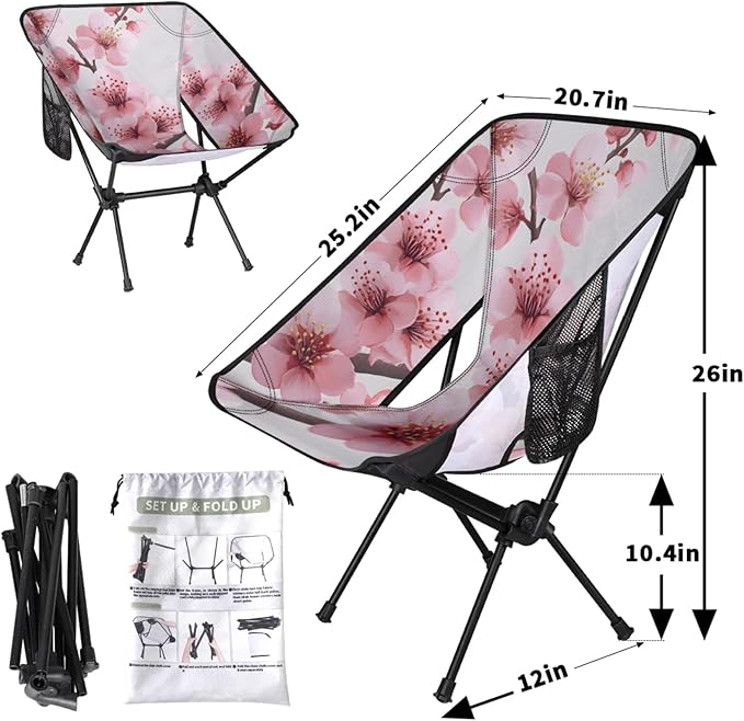 Honeybaby Folding Camping Chair Peach Flower Camping Chairs Lightweight Portable Chair Outdoor Foldable Chairs for Camping Travel Picnic Beach Hiking