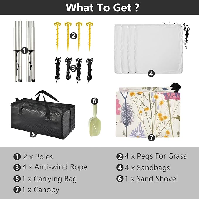 Wild Flowers Beach Tent Sun Shelter 9.2' x 10.5' Beach Canopy with 4 Sandbags 4 Stability Poles Sand Shovels - Tent Canopy for Beach Camping Fishing Picnics