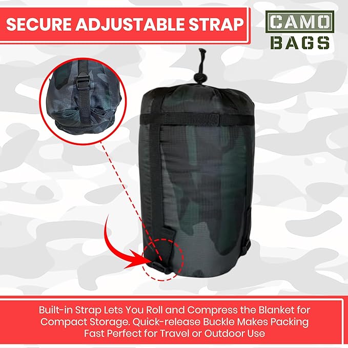 Camo Military Woobie Style Blanket- Waterproof Blankets with Adjustable Straps- 8 Pair Tie Cords military blanket with Reinforced Stitching- Ultralight RIBSTOP Travel Blanket for Camping &amp Outdoor