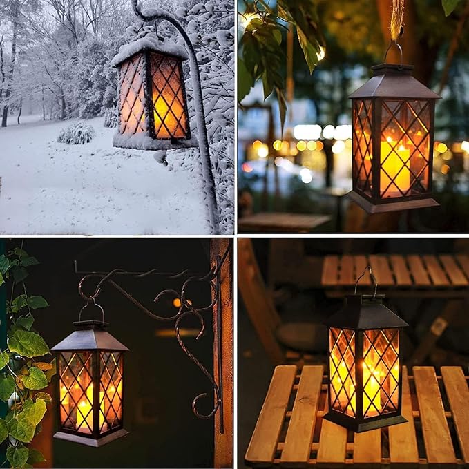 Solar Outdoor Lantern Garden Hanging Waterproof Lanterns 3 LED Flickering Flameless Candle PVC for Garden Decor Gifts (2 Pack)