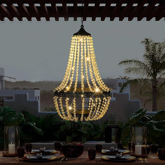 Hanging Solar Lantern Outdoor 28” Modern Clear Crystal Acrylic Chandelier with 30 Warm White Lights S Hook for Garden Yard Patio Gazebo Decorations