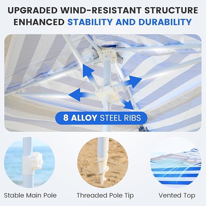 Zeraty Beach Cabana 8'×8' Portable Beach Canopy with Side Wall Easy Pop Up UPF 50+ Silver-Coated Beach Tent Sun Shelter Wind Resistant Adjustable Height Beach Umbrella Tent for Family Navy Blue