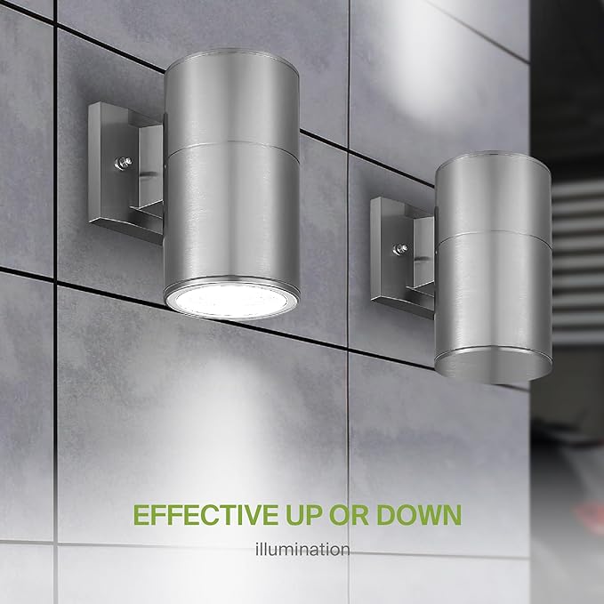 ASD 1 Light Outdoor Wall Light Fixture | 60W E26 Socket 120V ETL Cylinder Up Down Lights | LED/CFL/Incandescent Bulb Exterior Wall Sconce | Front Door Porch Patio Lighting | Stainless Steel