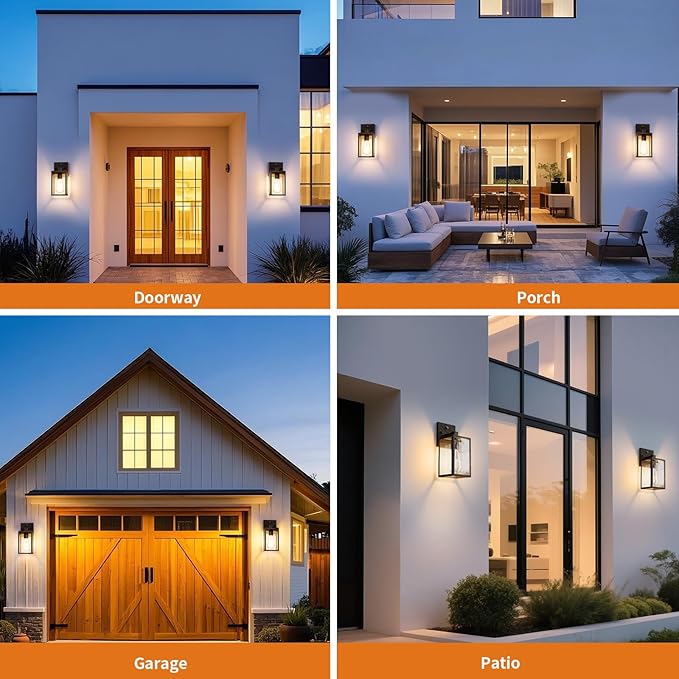2 Pack Black Brush Gold Dusk to Dawn Exterior Lighting Fixtures Wall Mount Sensor Outside Front Porch Lights for House Outdoor Lantern Lamp Wall Sconce Lights Coach Light for Garage Entryway