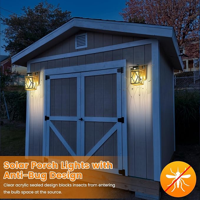 2 Pack Solar Porch Lights Outdoor Dusk to Dawn &amp Motion Sensor Solar Wall Light with Lantern Shape 3 Modes IP65 Waterproof E26 Bulb Exterior Sconce for Front Porch Garage Patio Security