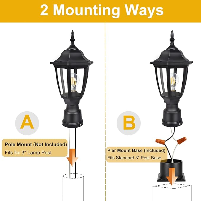 FUDESY Outdoor Post Lights Electric Exterior Lamp Post Light Fixture with Pier Mount Base LED Bulb Included Anti Corrosion Black Plastic Materials Pole Lanterns for Garden Patio Pathway