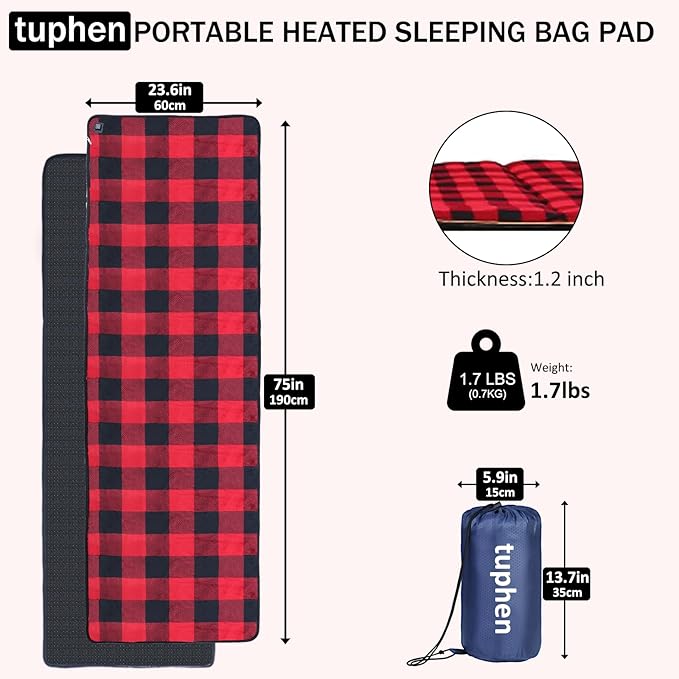 tuphen Heated Sleeping Bag Pad - 3 Adjustable Temperature Levels with 5 Heating Zones Multi USB Power Supported Electric Sleeping Bag Liner Heater for Cold Weather Camping Backpacking or Hiking