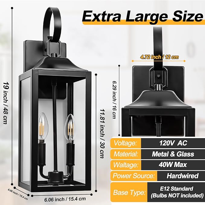 19 Large Outdoor Wall Light - Black Outside Wall Mounted Light Fixture Exterior Farmhouse Wall Sconce Lantern 2-Light Modern Porch Lighting Exterior Lamp for House 2 Pack