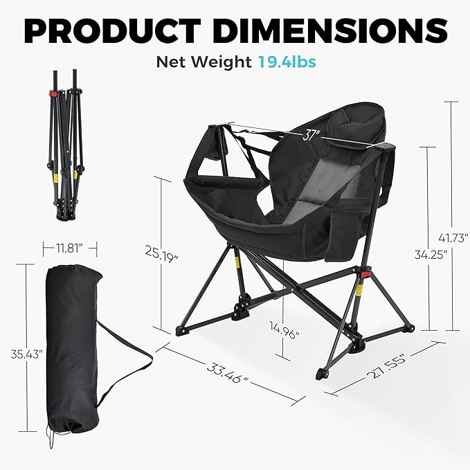 Ainfox Hammock Camping Chair Foldable Portable Rocking Chairs for Adults Outside Swinging Camp with Cup Holder Pillow for Outdoor Patio Poolside (Black)
