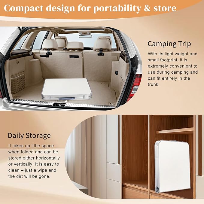 Portable Camping Table with Carrying HandleOutdoor Folding TableFolding Dining Tablefor Camping and Party (White 4ft)