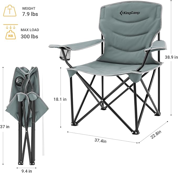 KingCamp Folding Camping Chair Oversized Portable Lawn Chair Padded Quad Chair with Cup Holder and Carry Bag Heavy Duty Supports 300lbs for Outdoor Fishing Picnic Sports Grey