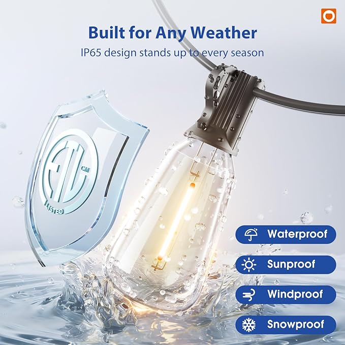 addlon 200FT(50FT*4) LED Outdoor Lights Waterproof Patio Lights with 64 Shatterproof ST38 Replaceable Bulbs(4 Spare) Dimmable Outside Hanging Light Connectable for Porch Backyard