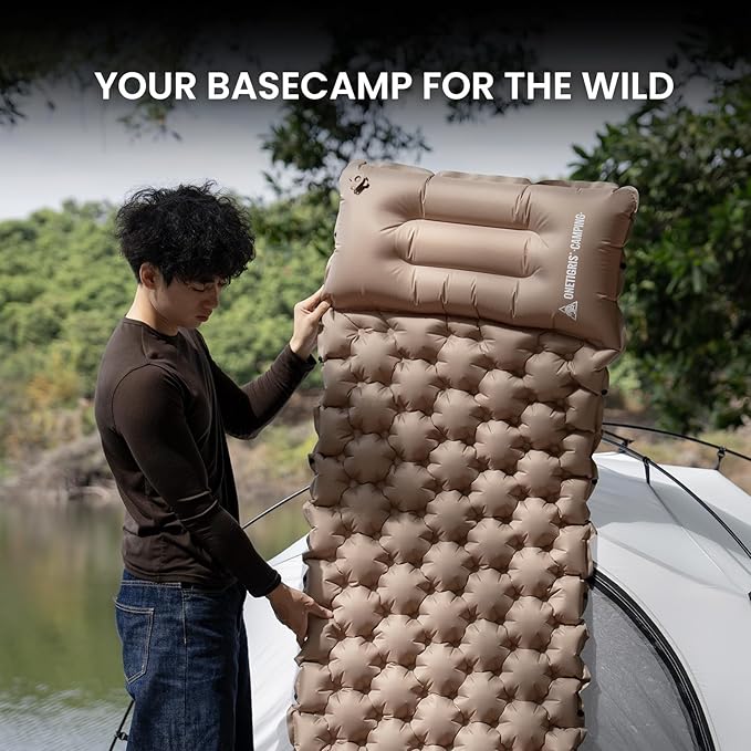 ONETIGRIS BLACKCRYSTAL Camping Sleeping Pad with Built-in Foot Pump Inflatable Sleeping Pad with Built-in Pillow Connectable Camping Air Mattress for Backpacking HikingTent Camping Lightweight
