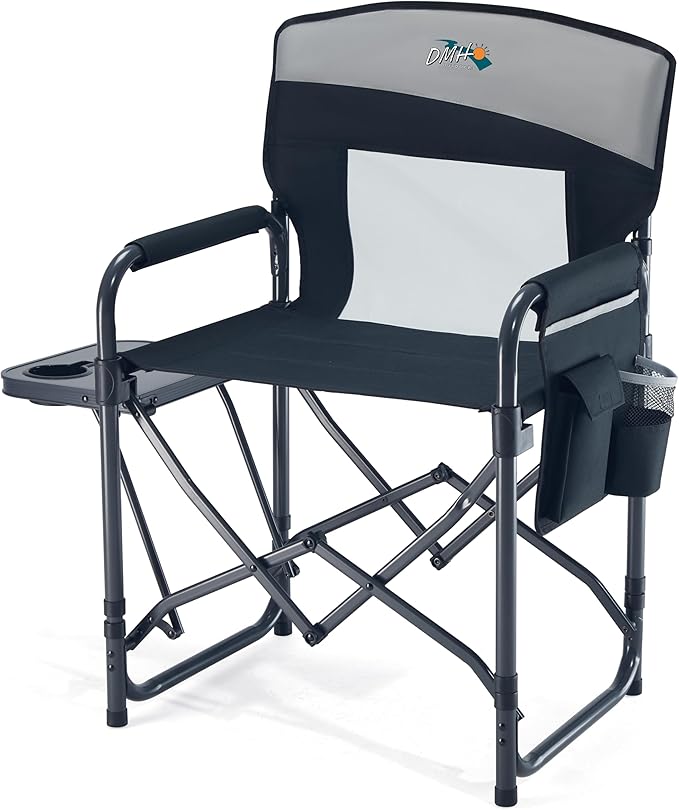 Camping Chairs for Adults Directors Chair with Side Table 1-Step Setup Mesh Backrest Folding Lawn Chairs with Pocket Foldable Camp Chair for Outdoor Picnic Sports and Fishing Black