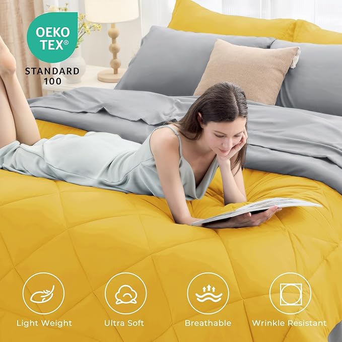 HEVUMYI Full Comforter Set - 7-Piece All Season Bed in a Bag Full Ultra Soft Bedding Set with Comforter Flat Sheet Fitted Sheet Pillowcases Pillow Shams Yellow &amp Light Grey