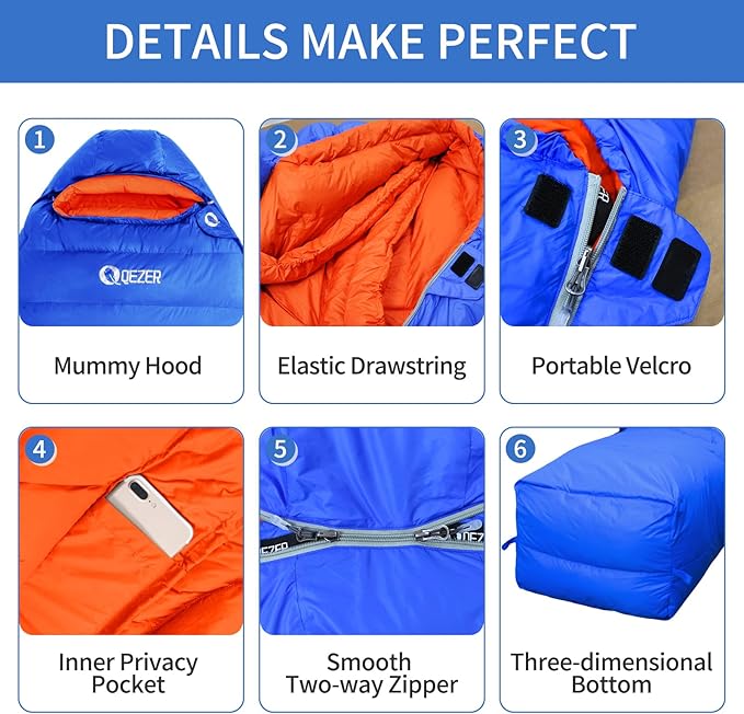 Down Sleeping Bag for Adults 0 Degree Warm Winter Mummy Lightweight Compact Outdoor Sleeping Bag for Camping Backpacking Hiking Cold and Warm Weather with 600 Fill Power Down
