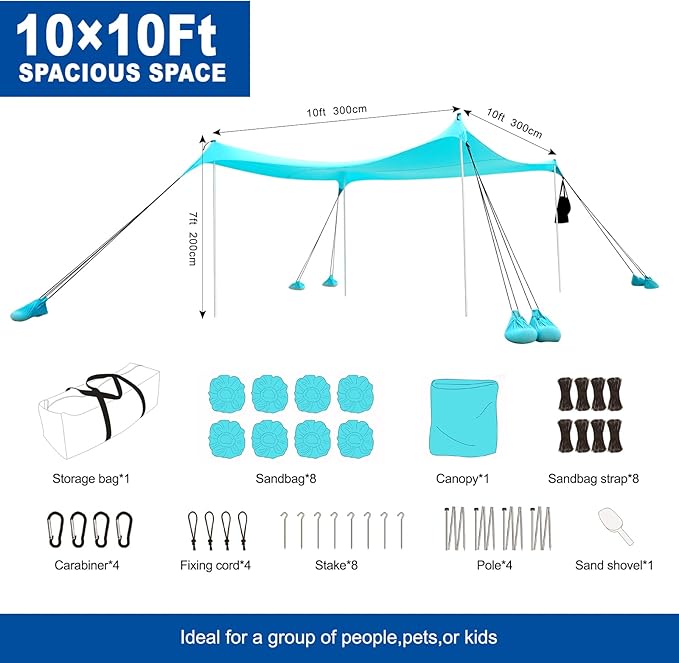 Beach Tent Sun Shelter with UPF50+ Protection Grande Beach Tent for Family Vacation Outdoor Beach Shade Canopy with 4 Pole and 8 Sandbags for Camping Fishing Backyard Fun (10×10FT)