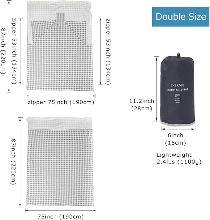 100% Cotton Sleeping Bag Liner with Full Length Zipper on 3 Sides Single/Double Adult Sleep Sack for Travel &amp Camping Multifunctional Travel Sheets (Unzipped 87”x87”) for Hotel Lightweight