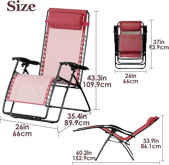 Set of 2 Zero Gravity Reclining Lounge Chairs – Folding Outdoor Chaise Loungers with Cup Holders &amp Side Tables for Patio Lawn Beach Camping Balcony Deck – Adjustable Anti Gravity Chairs Red