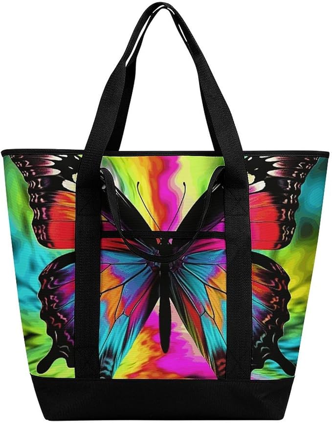 Insulated Shopping BagLarge Reusable Cooler Bags Colorful Butterfly Printed Foldable Shopping BagTravel Waterproof Shoulder Bag