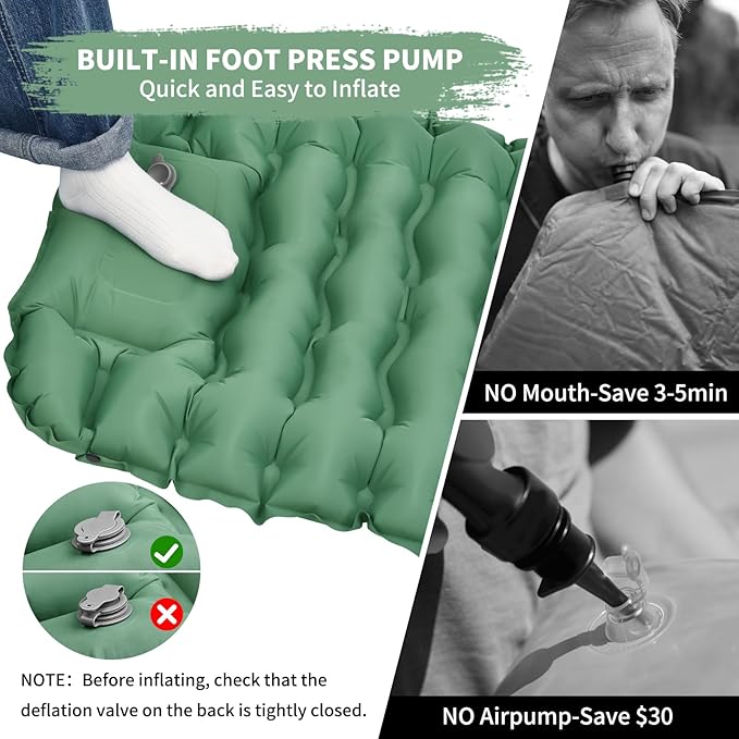 Camping Sleeping Pad Connectable Design for Double Mat Ultralight Inflatable Sleeping Mat with Pillow Built-in Foot Pump Portable Camping Air Mattress for Backpacking Hiking Tent (Green)